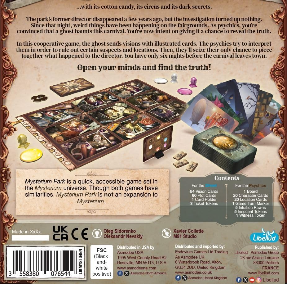 Board game packaging with game pieces and cards on a decorative background