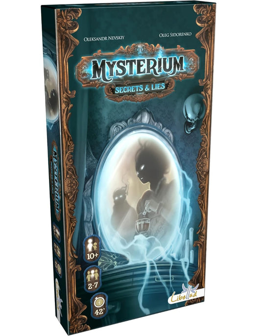 Board game box for 'Mysterium: Secrets & Lies' with decorative elements and skull illustration.