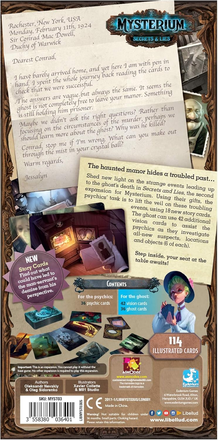 Back cover of a game box with text and graphics, featuring a character and game components.