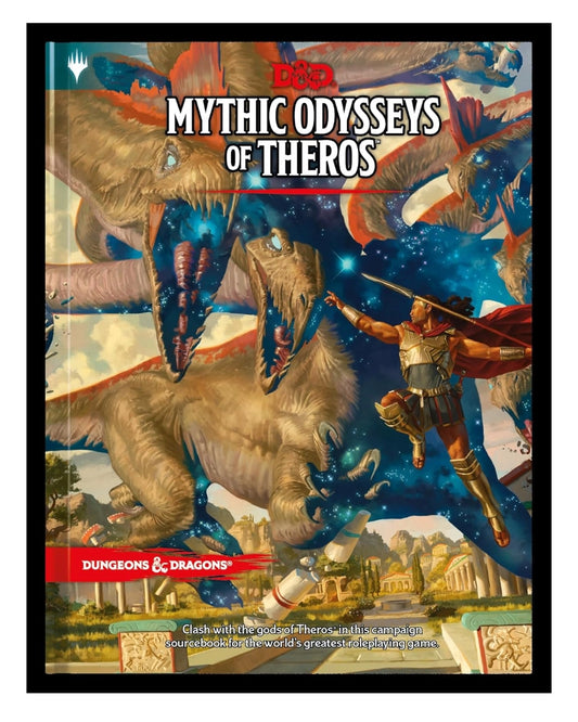 Dungeons & Dragons 'Mythic Odyssey of Theros' book cover art featuring a warrior battling giant dinosaurs in a cosmic scene, shown in a black frame.