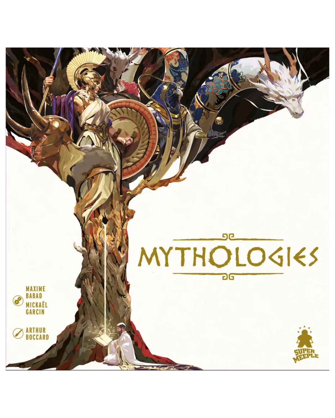 Box of the board game 'Mythologies' by Maxime Habad, Michael Garcin, and Antoine Boccard, published by Super Meeple. The box features a detailed fantasy illustration of various mythological creatures and animals on a white background with gold title text.