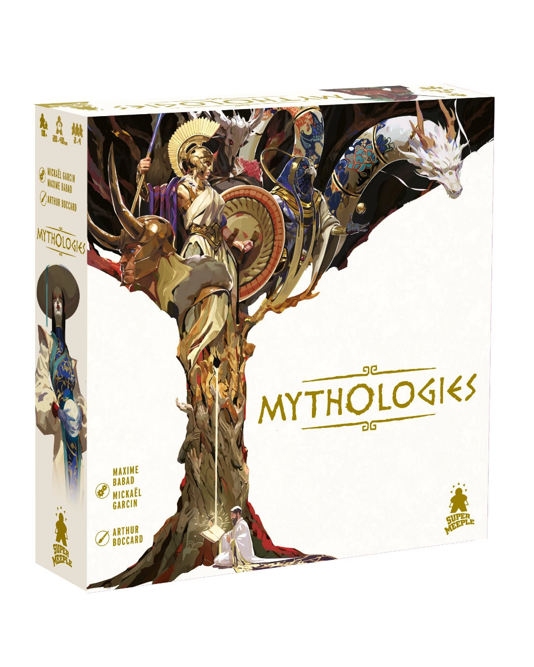 The board game box for 'Mythologies' by Super Meeple, featuring a highly detailed classical illustration of a goddess holding a shield and sword, standing on a tree trunk with a bull, wolf, and other mythological creatures. The box is white with gold lettering and features the authors' names: Maxine Brown, Michael Garcia, and Arturo Sanchez.