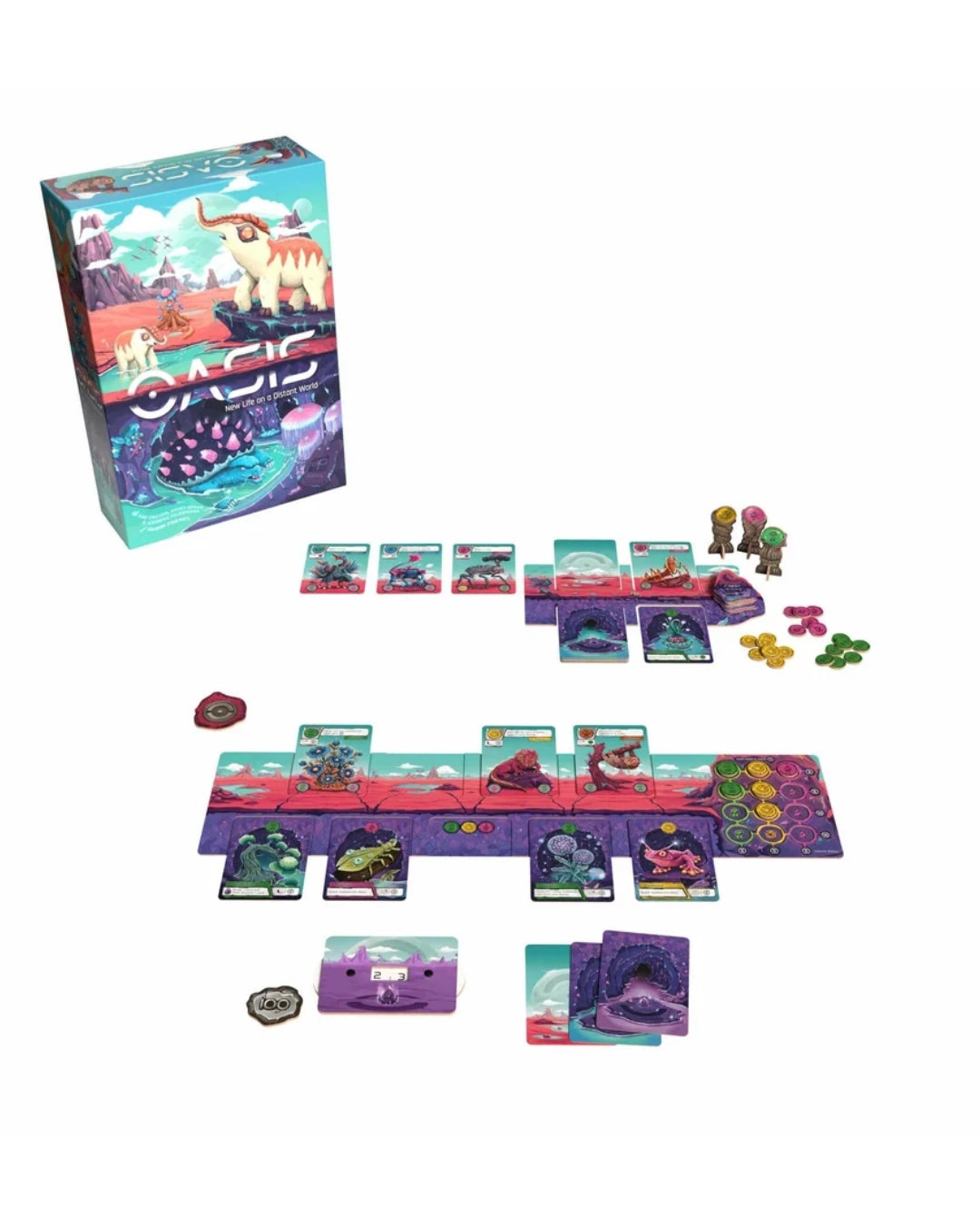 OASIS: New Life on a Distant World by The Op Games set displayed on a white background, showing the illustrated product box, the game board, cards, tokens, and small character pieces.