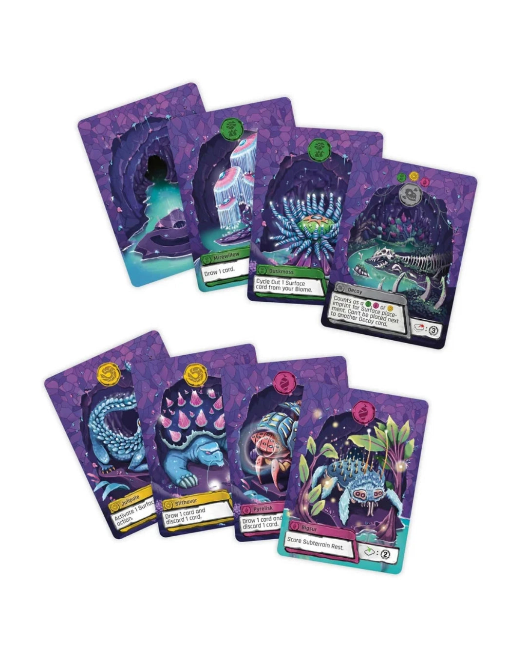 A set of illustrated cards for OASIS: New Life on a Distant World.  Arranged on a plain white background. The cards feature purple and teal fantasy cave and creature artwork, with visible text boxes and numbered playstyle indicators.