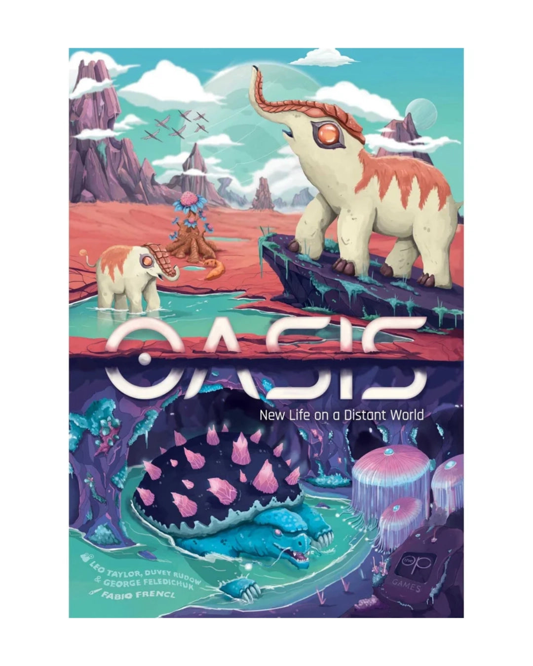 The front cover of the board game 'Oasis: New Life on a Distant World' by The Op Games, featuring a colourful, stylized illustration of fantasy creatures in a surreal landscape.