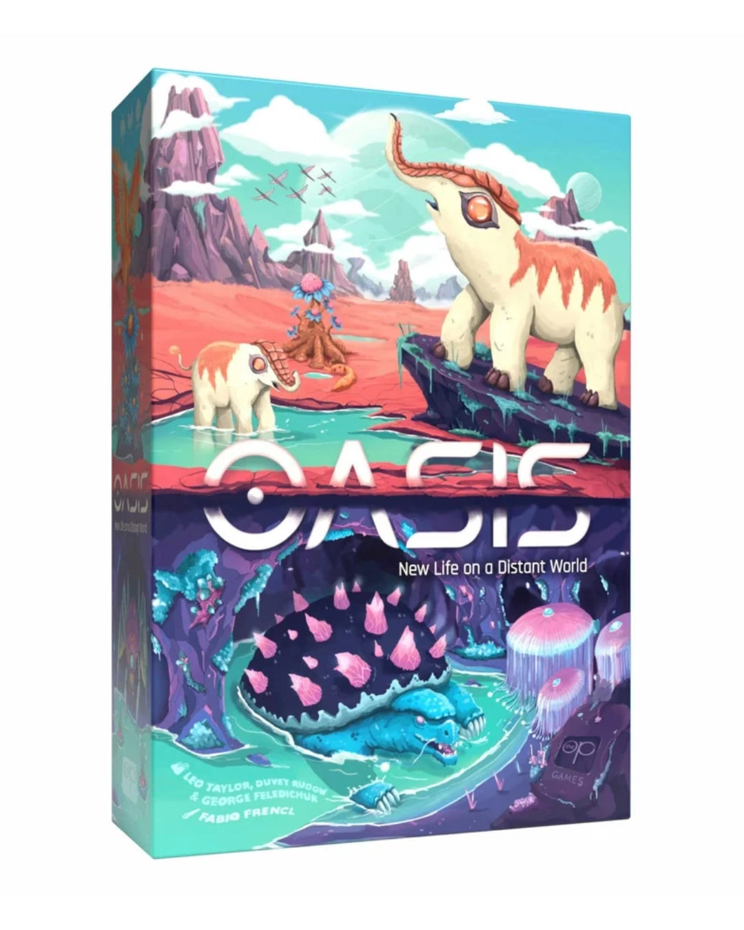 The board game box for 'OASIS: New Life on a Distant World' by The Op Games, featuring vibrant, colorful sci-fi fantasy illustrations of prehistoric creatures and a lush alien landscape.