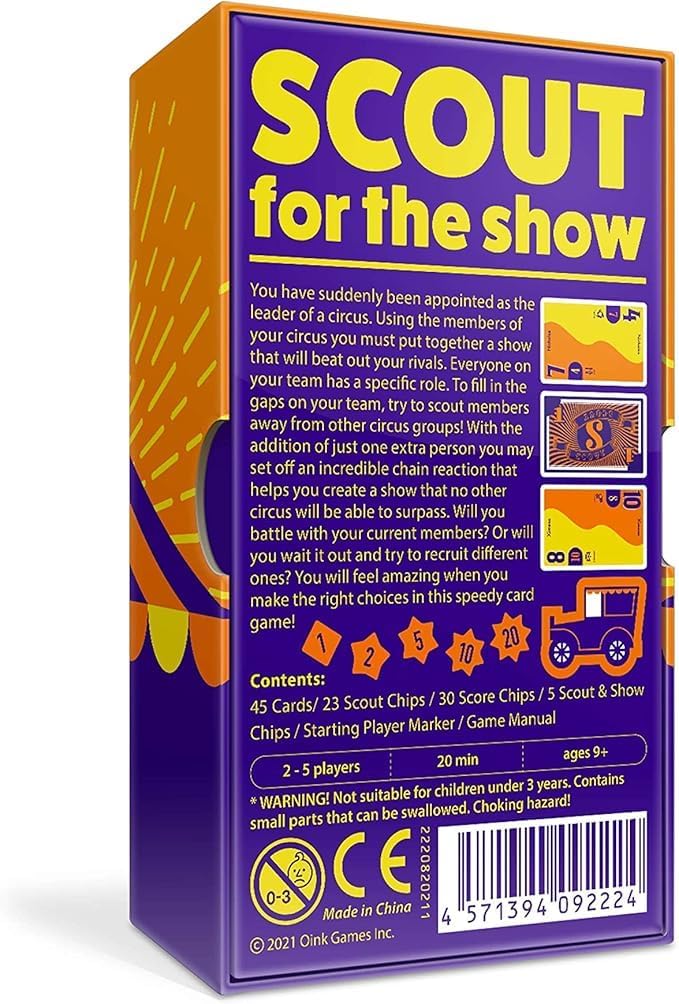 Scout card game packaging with contents information