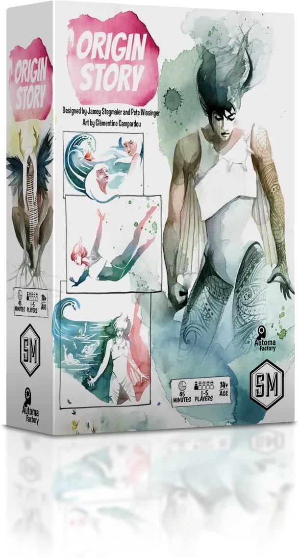 Box for 'Origin Story' with artistic design and branding on a white background