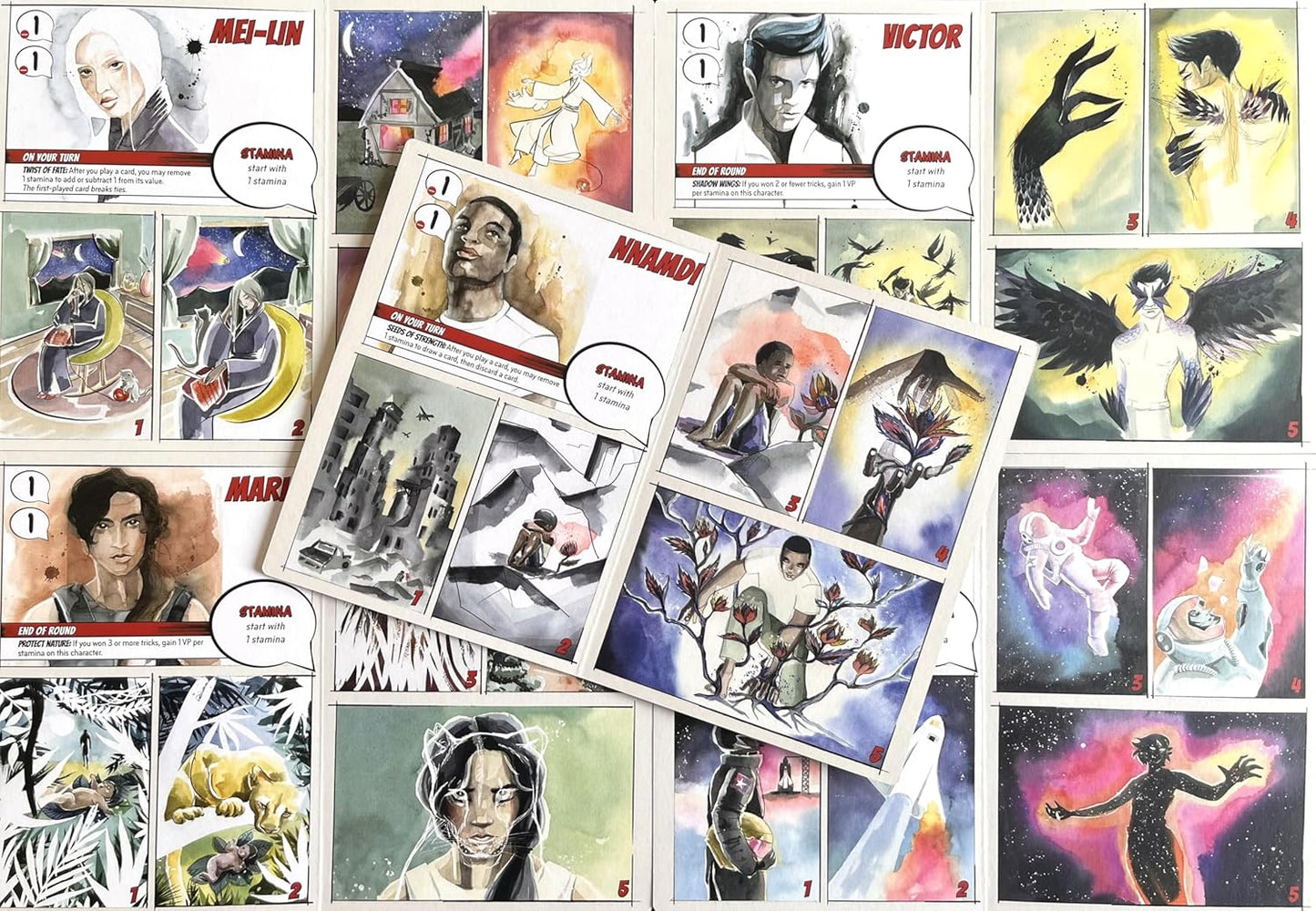 Collection of illustrated cards featuring various characters and scenes.