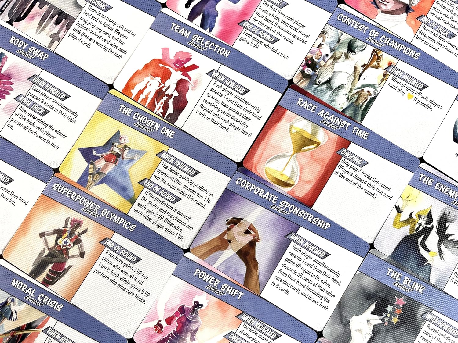 Collection of game cards for Origin Story with various scenarios and characters on a blue border.