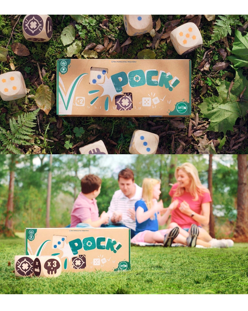 Pock outdoor game box and dice in a family scene