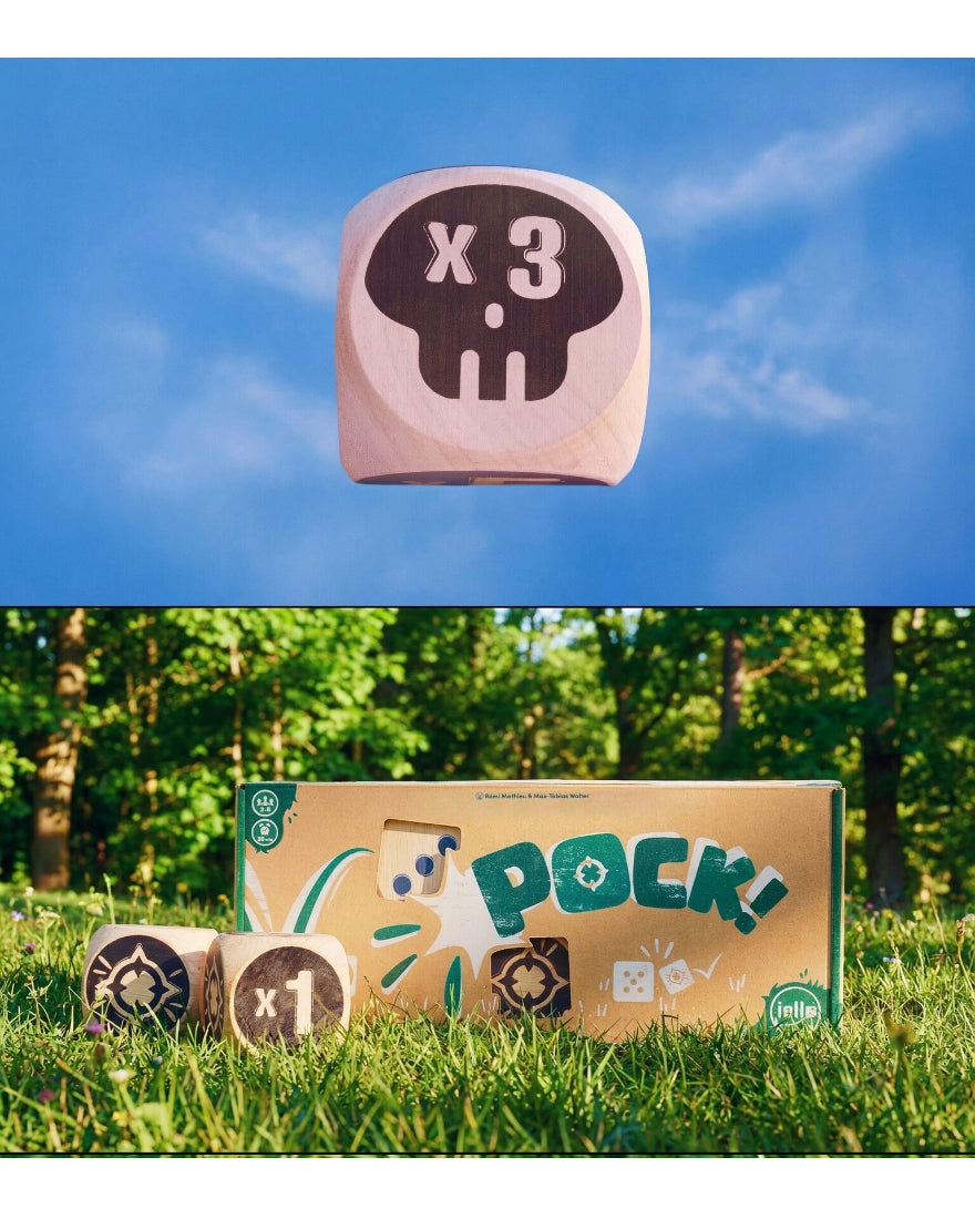 pock dice with a blue sky background and pock box on the grass with large dice
