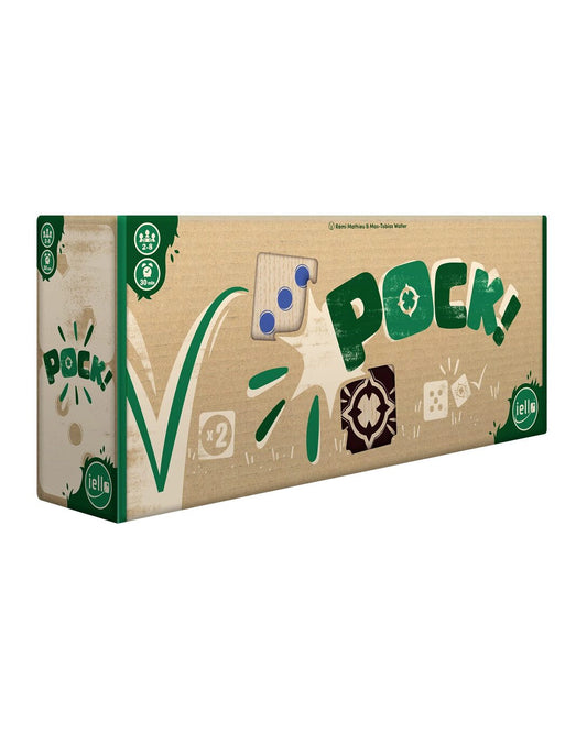 Pock box packaging displaying pock in green and illustration of Dice