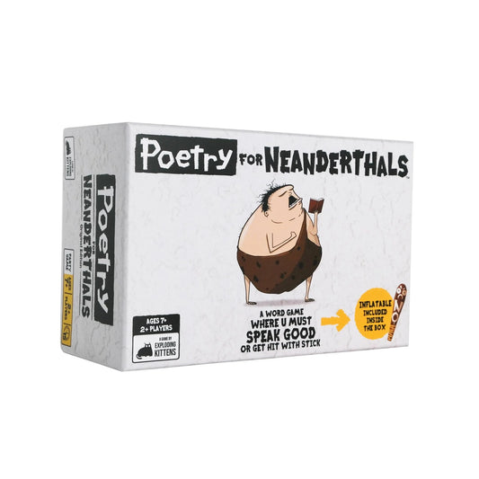 Poetry for Neanderthals product packaging with Neanderthal reading
