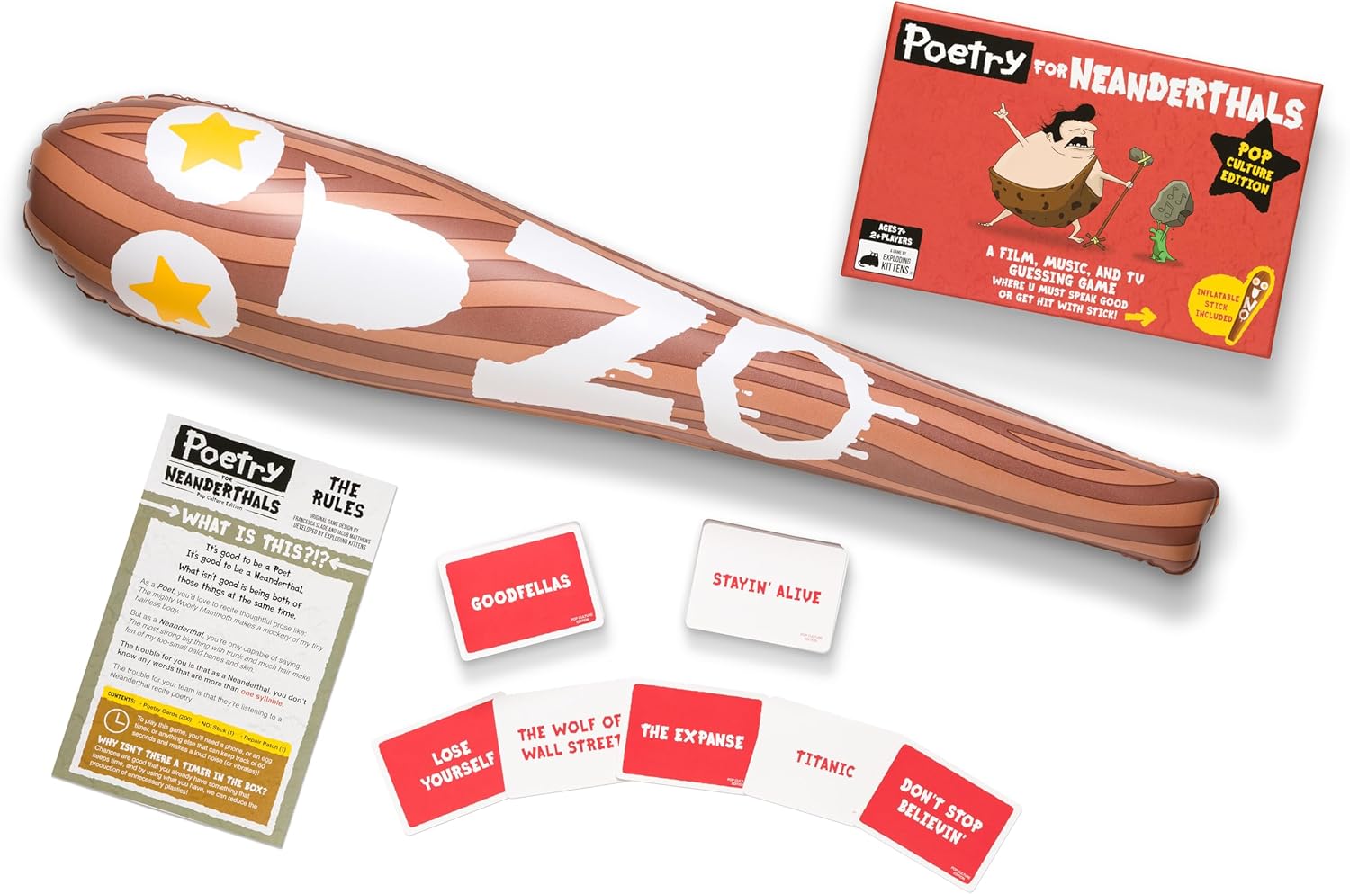 Contents for Poetry for Neanderthals Pop Culture Edition with inflatable bat and cards
