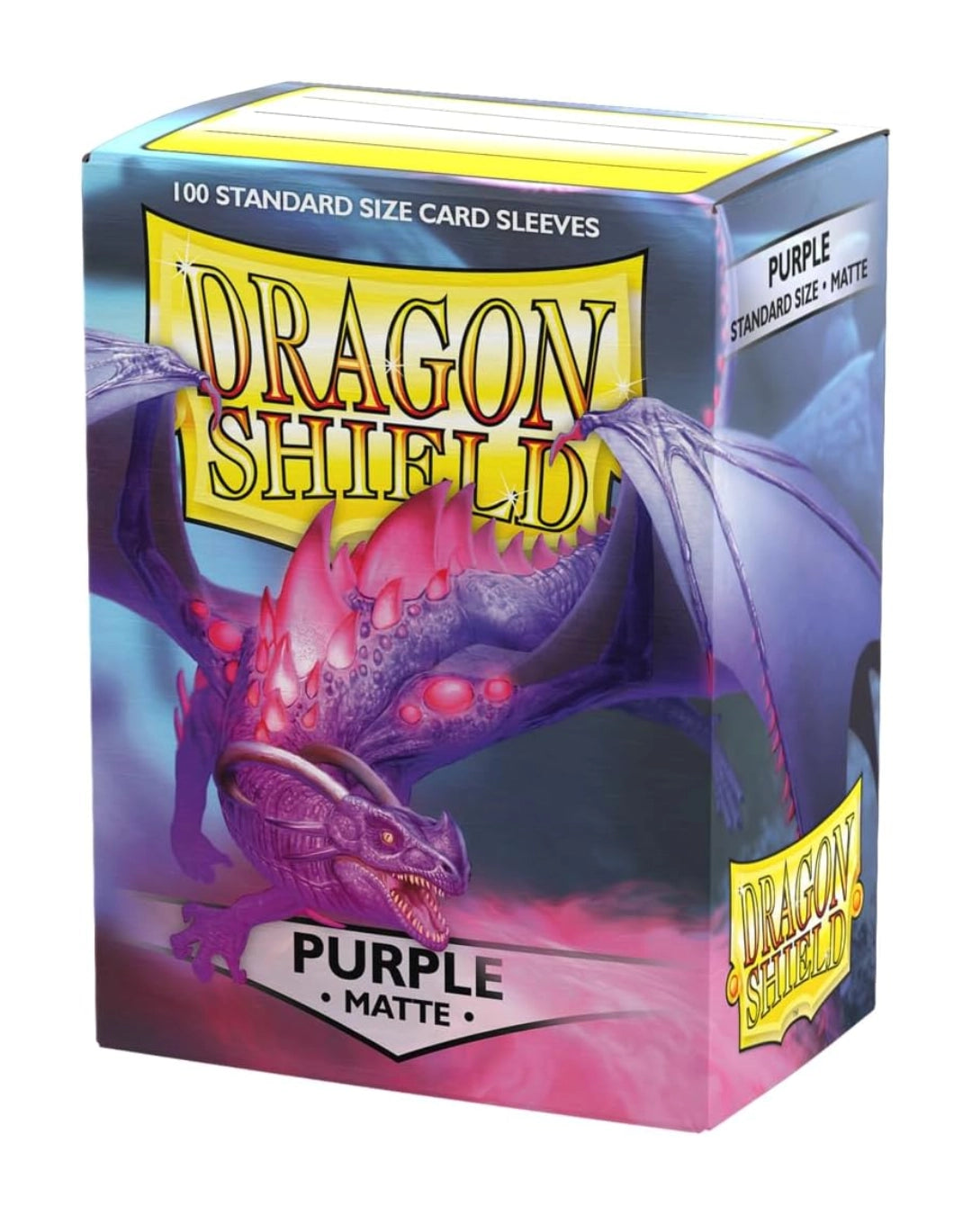 Dragon Shield Purple Standard Size Matte card sleeves in a box of 100, featuring a purple dragon illustration on the packaging.