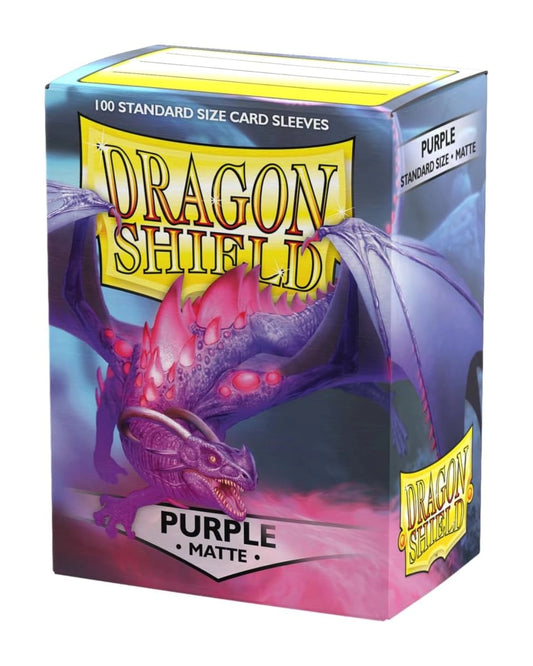 Dragon Shield Purple Standard Size Matte card sleeves in a box of 100, featuring a purple dragon illustration on the packaging.