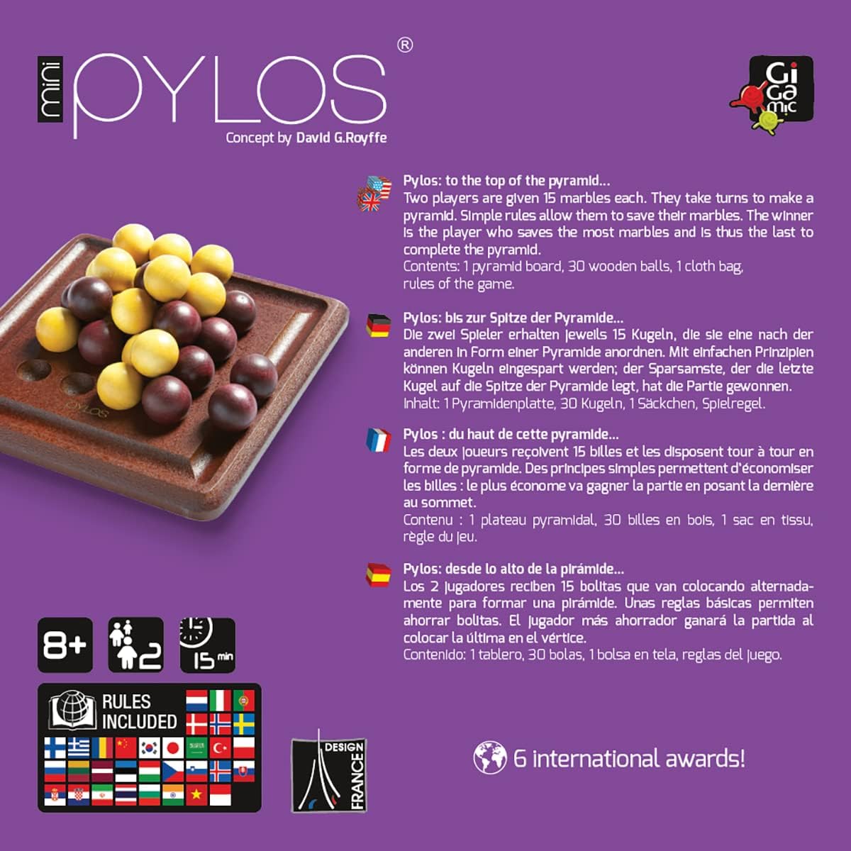 Pylos board game packaging with marbles on a purple background