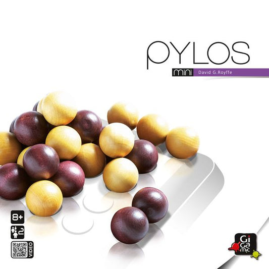 Board game box for 'PYLOS mini' with colorful wooden balls on a white background