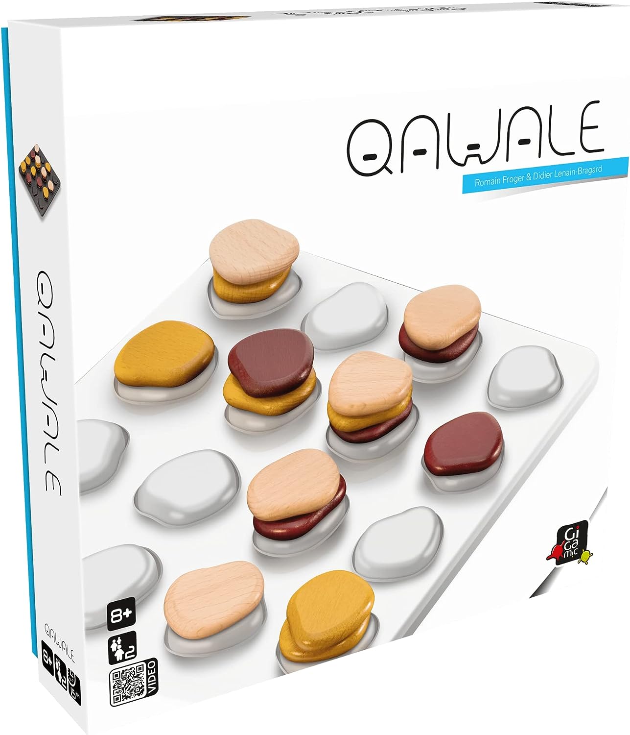 Qwale board game packaging with colourful stones on a white background