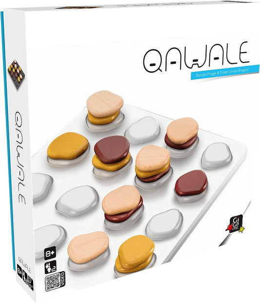 Qwale board game packaging with colorful stones on a white background