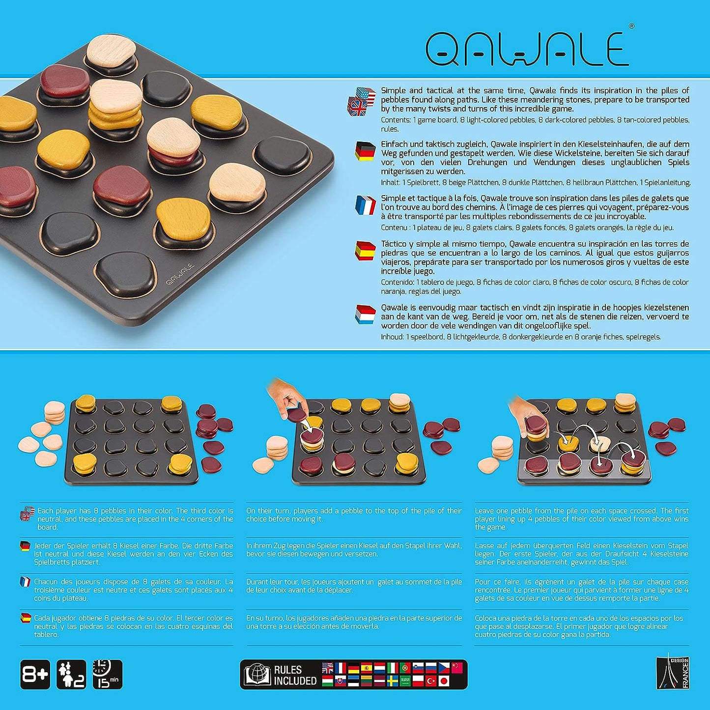 Qwale board game packaging with instructions on how to play