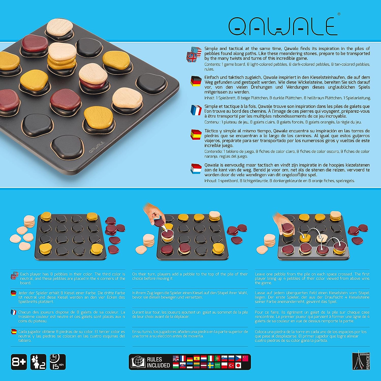 Qwale board game packaging with instructions on how to play