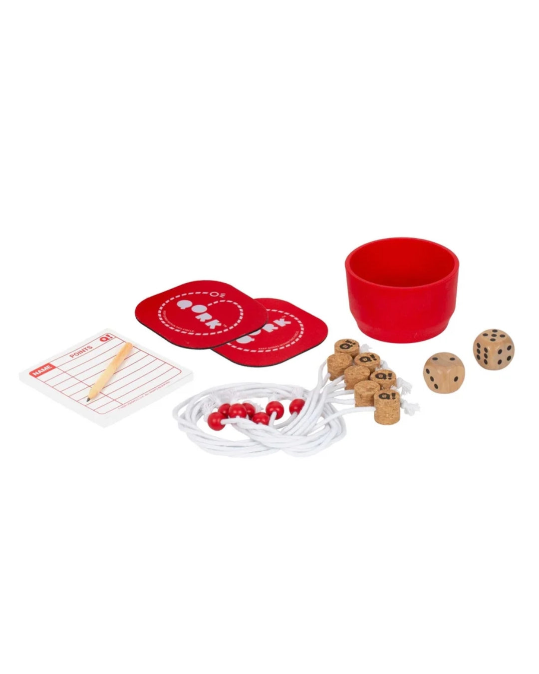 party game called Qork set on a white background, featuring a red cup, red circular tokens, a white string with red beads, wooden number cubes, two dice, and a scoring sheet with a pencil.