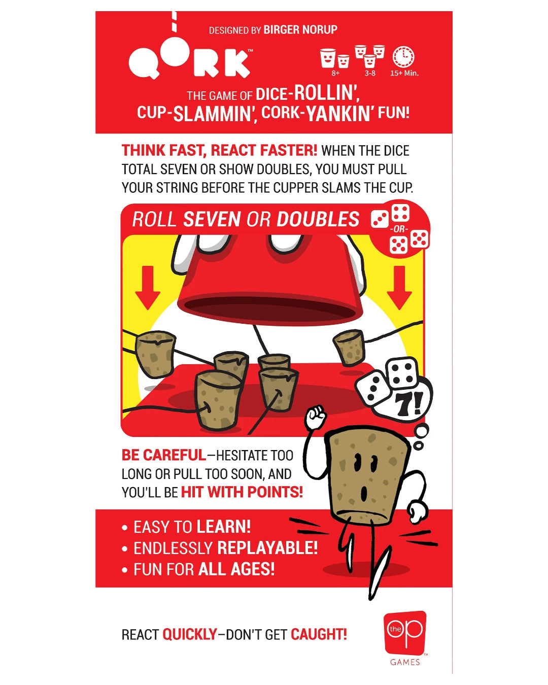 Promotional poster for the board game 'Qork' by The Op Games, featuring a red and white layout with illustrations of a cork character, dice, and a game mechanic diagram.