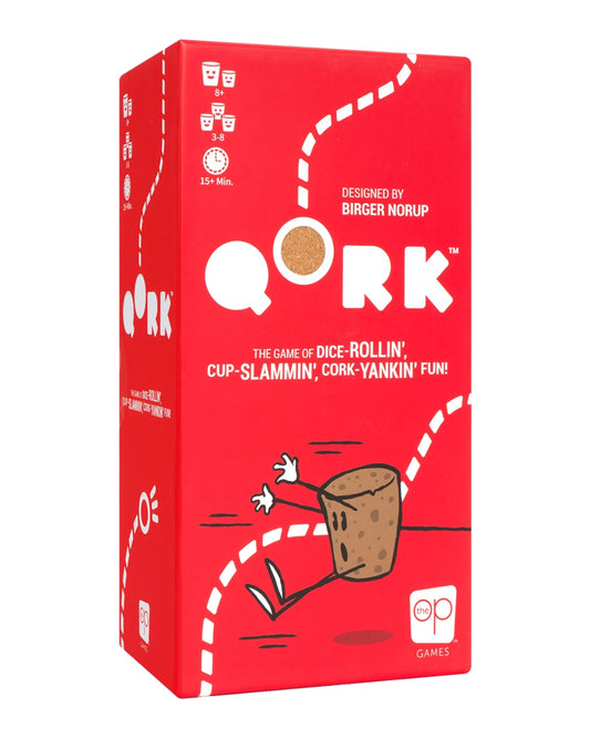 The game box for 'Qork' on a plain white background. The box is bright red with white text and illustrations of a cork and string.