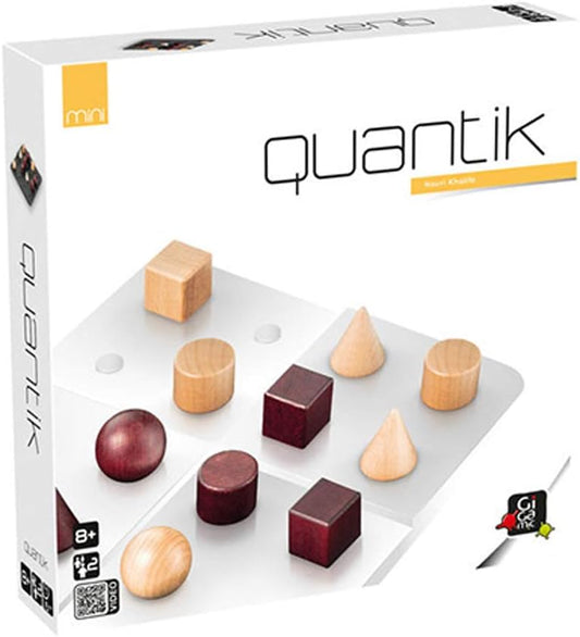 Box of Quantik mini board game with wooden pieces on a white background