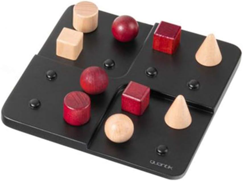 Black game board with wooden geometric shapes on a white background