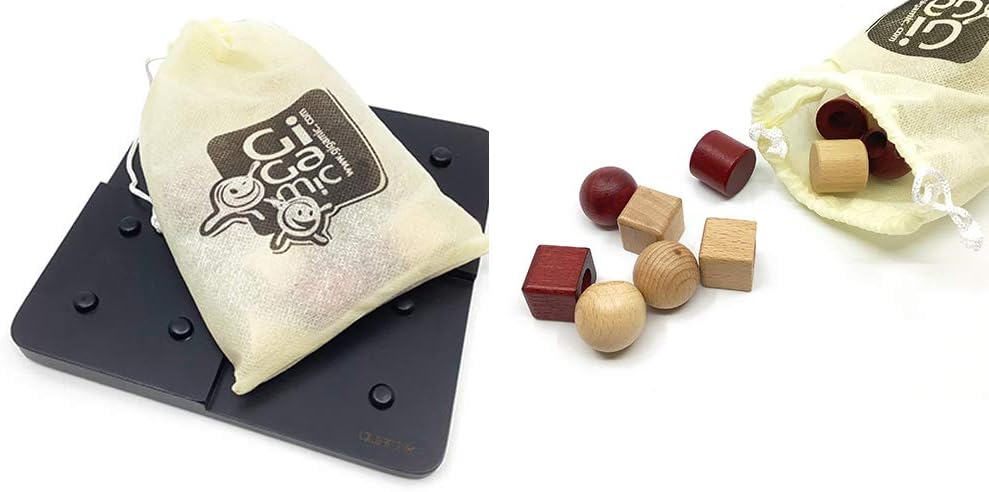 Wooden game pieces on a black base with a drawstring bag featuring a logo.