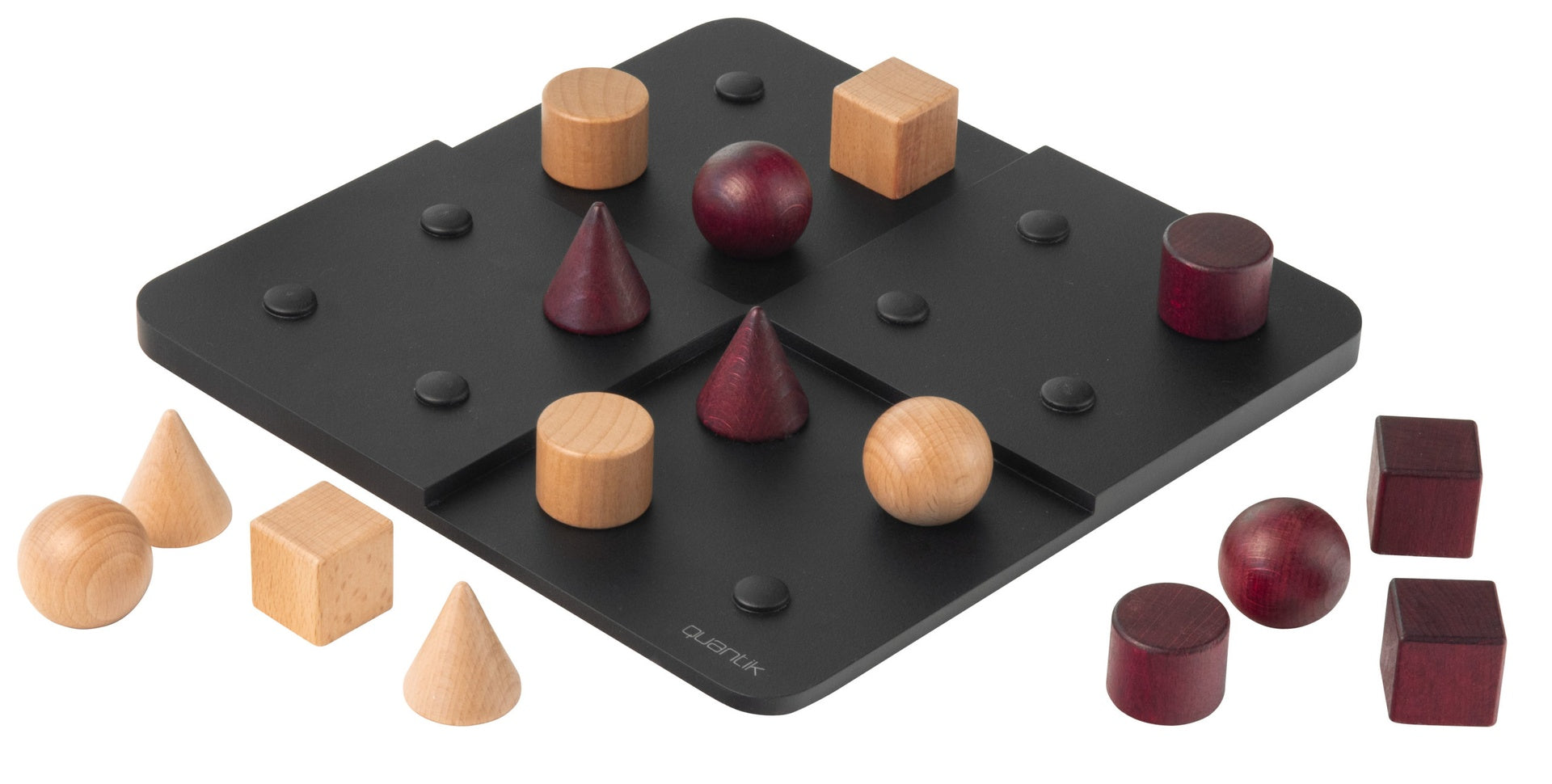 Black game board with wooden and maroon geometric shapes on a white background