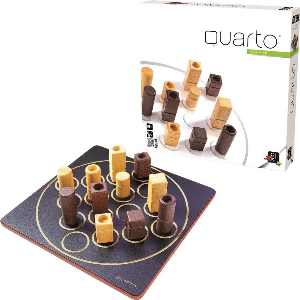 Quarto board game with wooden pieces on a white background