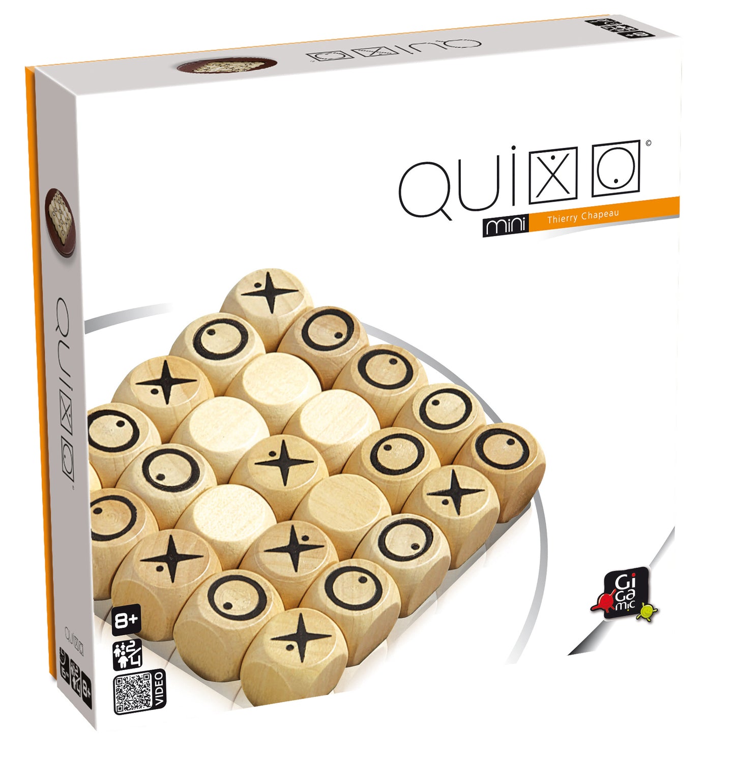 QUIXO mini board game packaging with wooden cubes on a white background