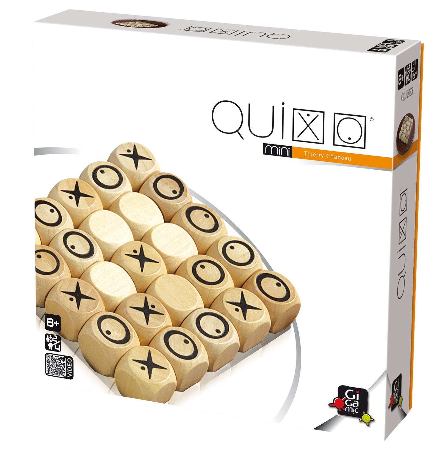 Quixo mini game pieces with packaging on a white background