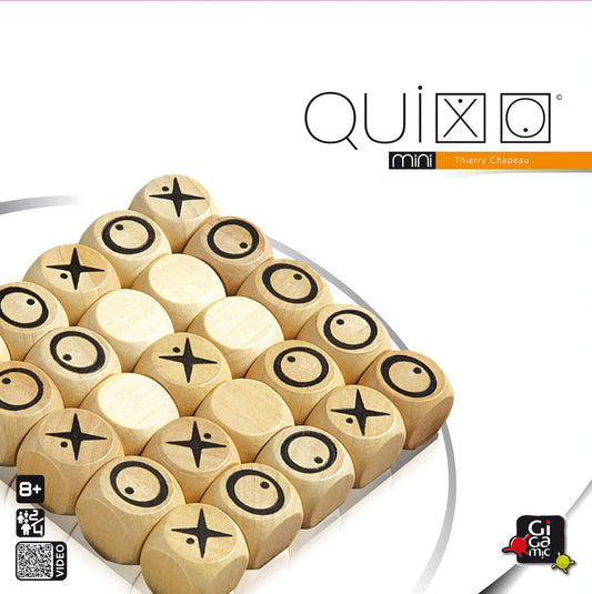 Packaging for Quixo Mini board game displaying the game's wooden pieces with symbols on them.