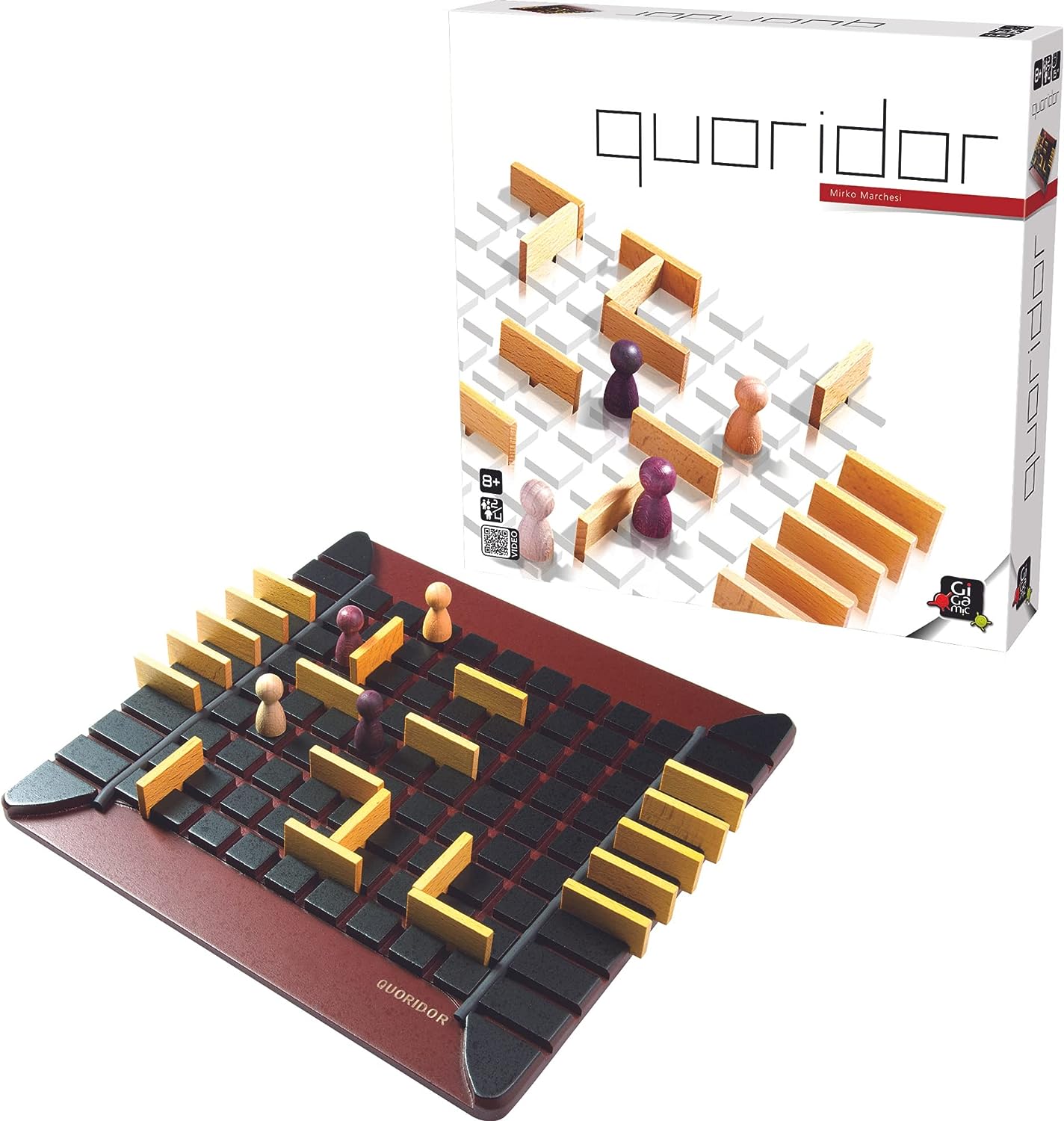 Quoridor board game set with pieces and packaging on a white background