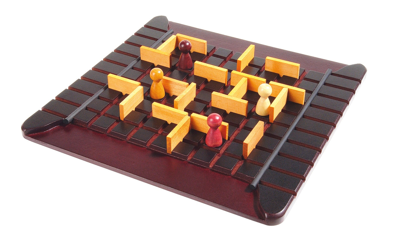 Quoridor Board game with wooden fences and  player pieces on a brown and black grid