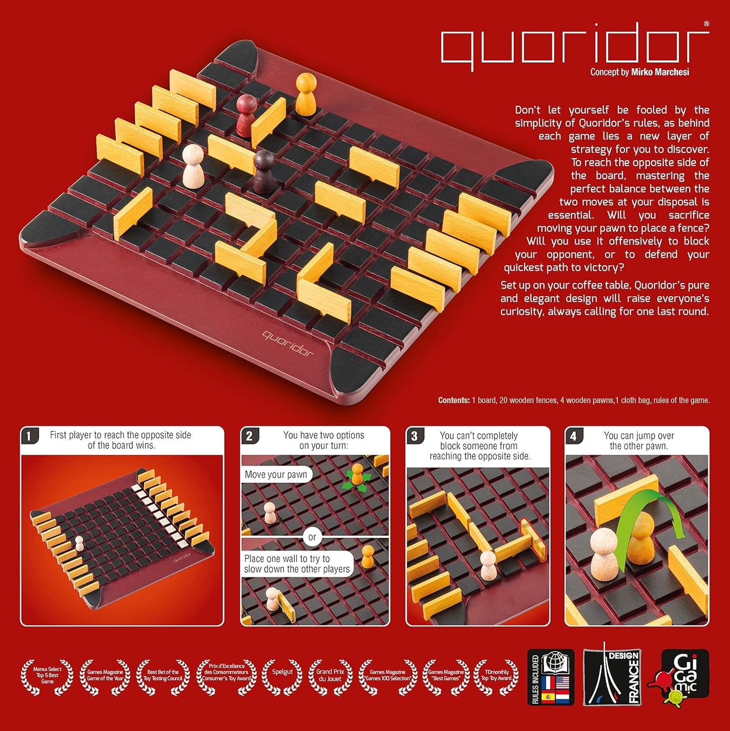 Quoridor board game set on a red background with game instructions and branding.