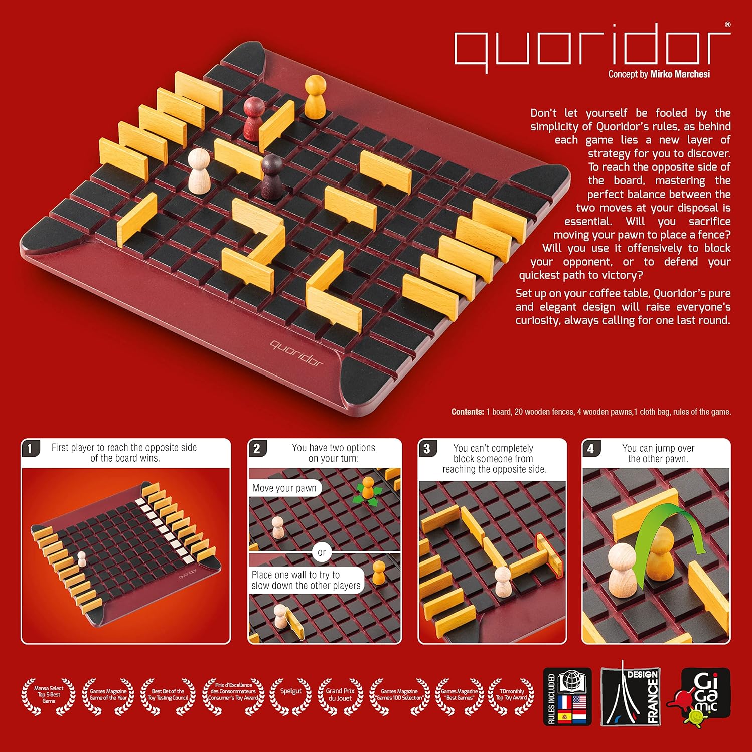 Quoridor board game set on a red background with game instructions and branding.