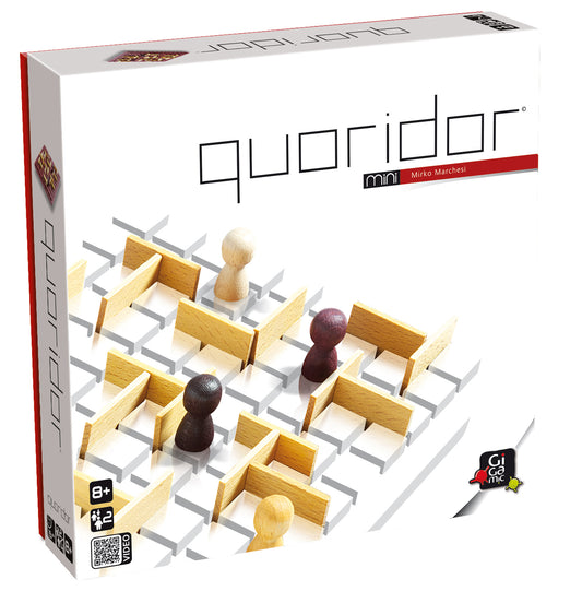 Quoridor mini board game packaging with wooden pieces on a white background
