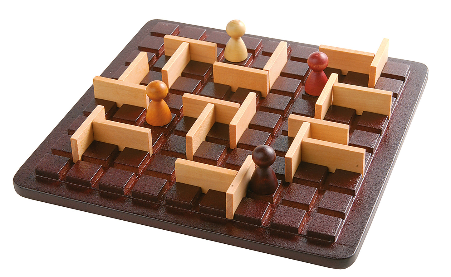 Quoridor mini board game with wooden pieces on a white background