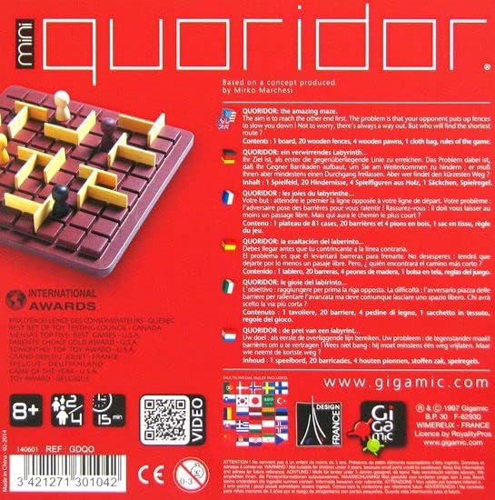 Back of a Quoridor mini board game packaging with text and graphics.