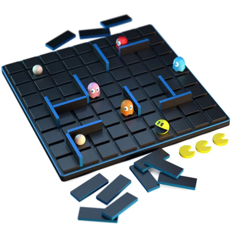 Board game with colourful pieces on a black grid