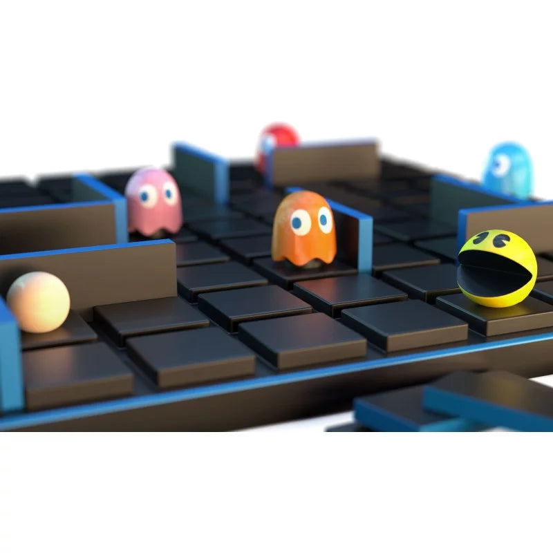 Pac-Man game board with ghost and ball characters on a white background