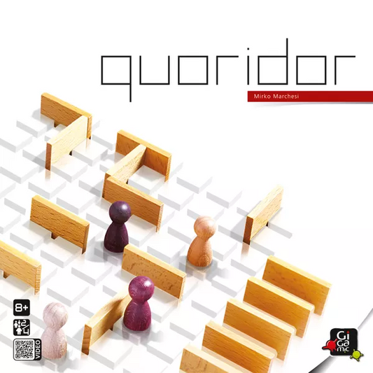 Board game 'Quoridor' with wooden pieces and maze-like layout on a white background.