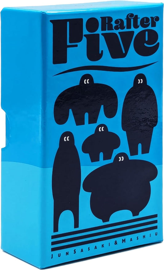 Blue game box called Raffer Five with an image of different size meeples