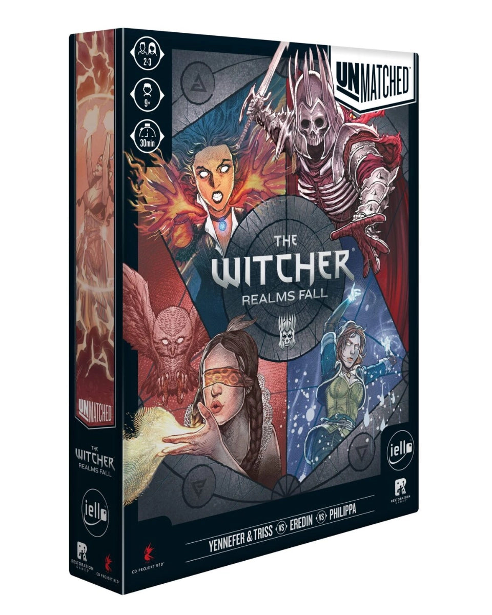The Witcher: Realms Fall board game box by iello, featuring dark fantasy artwork with multiple illustrated characters and the title 'The Witcher: Realms Fall' on the front.